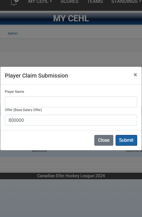 Standard player claim screen